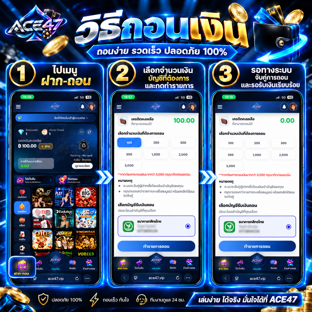 วิธีถอนเงิน ACE47 เลือกจำนวนและบัญชีรับเงิน
